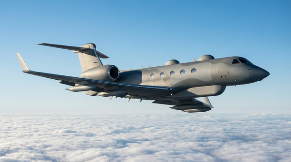 A military-configured high-altitude business jet with sensor pods flying above clouds