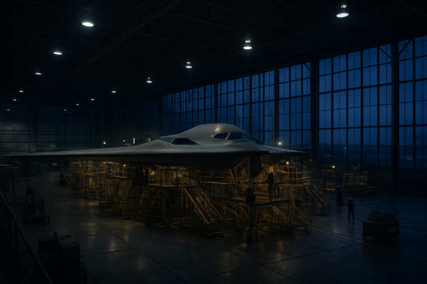 A stealth bomber inside an aircraft assembly hangar at dusk